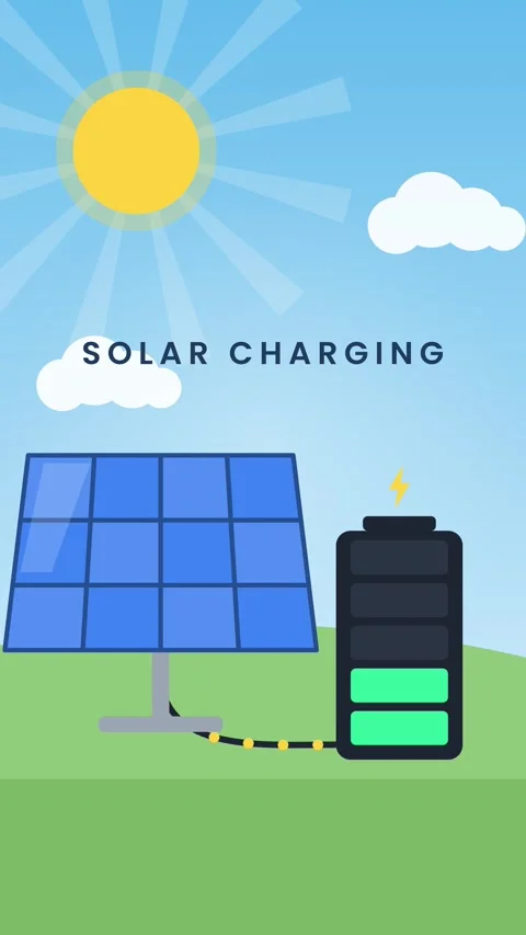 Vertical solar panel charging a battery with sun rays and flowing energy Stock-Footage 348618008
