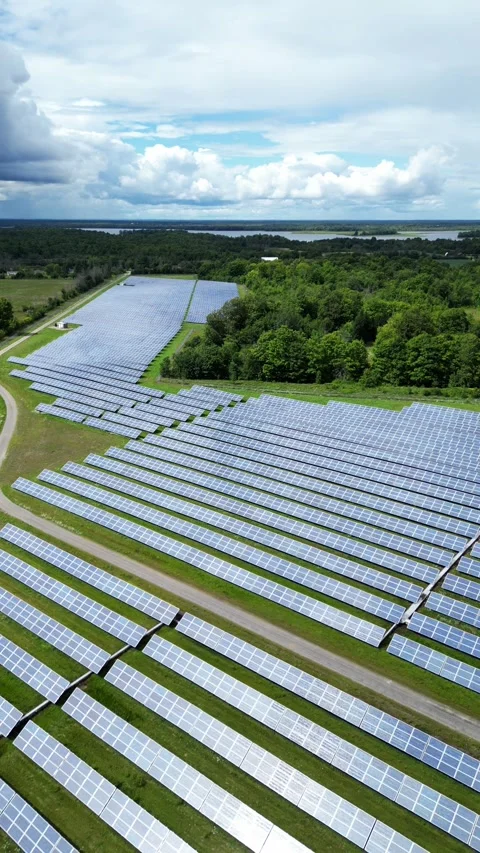 Vertical Solar Panel Farm Grid Electric Power Green Energy Plant with Drone Stock Footage 295508552