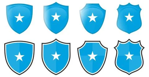 Vertical Somalia flag in shield shape, four 3d and simple versions. Somali ic Stock Illustration