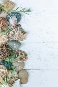 Vertical SPA flat lay. Bamboo sprout, sea pebbles, sea salt on a light wooden Stock Photos