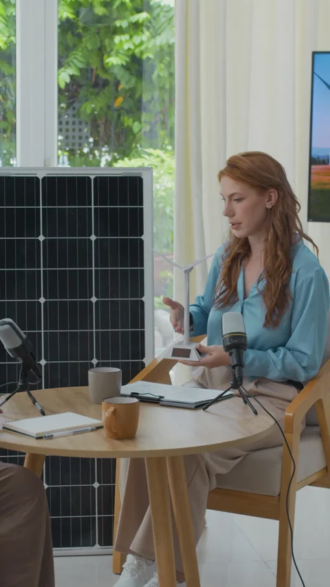 Vertical of Specialist Giving Interview about Solar Panels and Wind Turbines Stock Footage 301287503