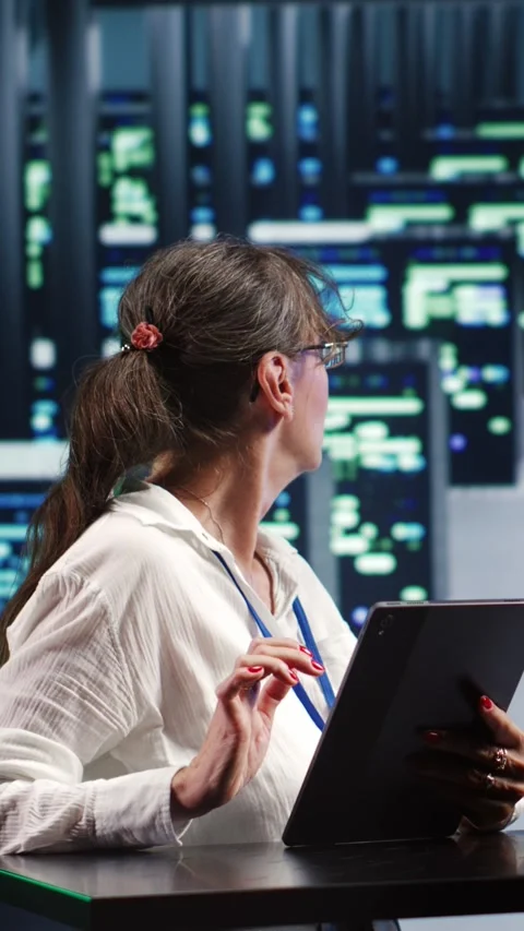 Vertical Specialist running code in server farm Stock Footage 247629110