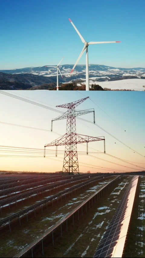 Vertical split collage of wind turbine, solar modules and high voltage grid. Video stock 343106071