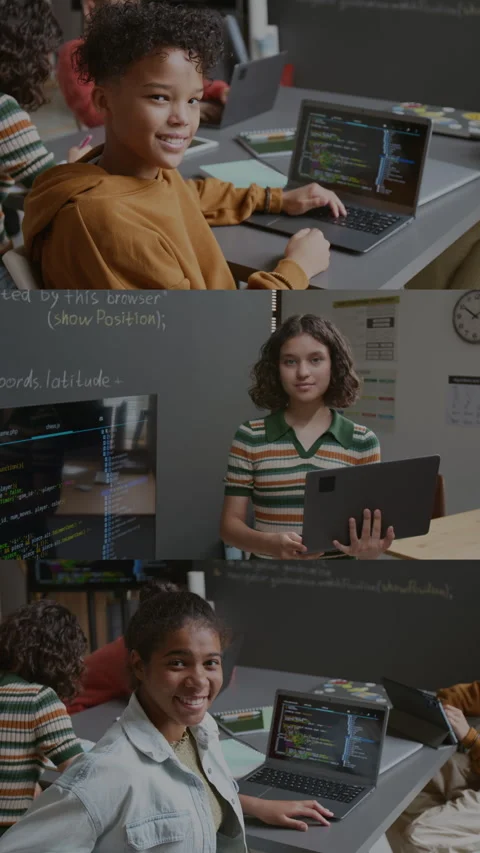 Vertical Split Portraits of Multiethnic Students with Computers at Coding Class Stock Footage 318720104
