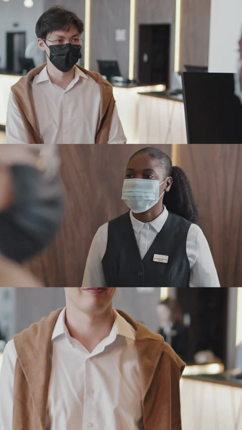 Vertical Split Screen of Asian Man Chicking-in at Hotel 動画素材 308563887