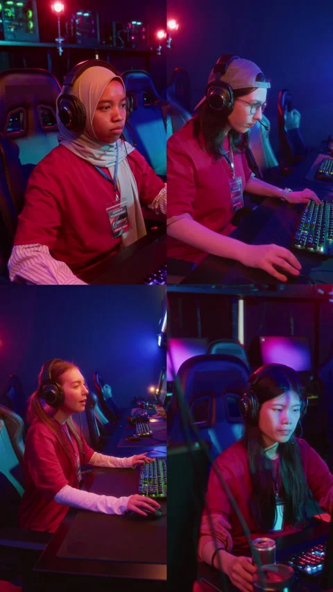 Vertical Split Screen of Diverse Girl Cybersport Team Playing Video Game Stock Footage 312120421