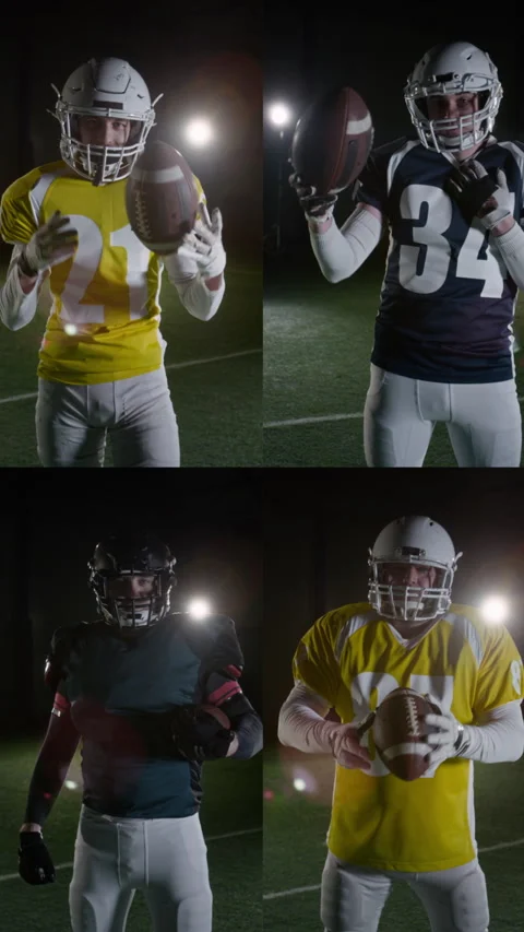 Vertical Split Screen of Four Gridiron Football Players in Uniform with Ball Vídeos de archivo 324524359