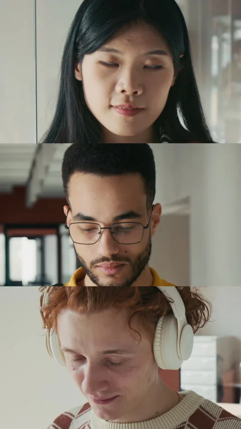Vertical Split Screen Portraits of Three Multiethnic Gen Z Men and Woman Stock Footage 310370061
