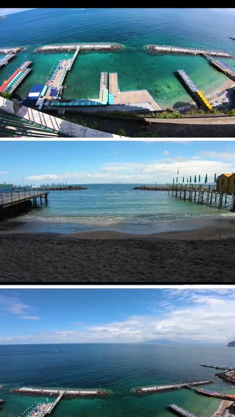Vertical split screen video showing Mediterranean harbor, piers and turquoise se Vídeos de archivo 325057341