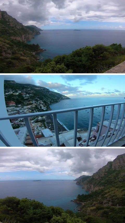 Vertical split screen video showing Mediterranean coastline with cliffs, sea vie Stock Footage 325057352