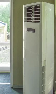 Vertical split system column air conditioner close-up for office, industrial  Stock Photos