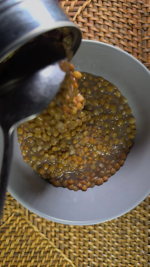 Vertical - A spoon scooping cooked brown lentils from a can into a bowl. Vídeos de archivo 293571233