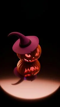 Vertical spotlight glowing stacked pumpkins with witch hat Illustrazione stock