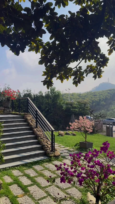 Vertical Spring Garden With Stone Steps And Blooming Flowers Video stock 334016944
