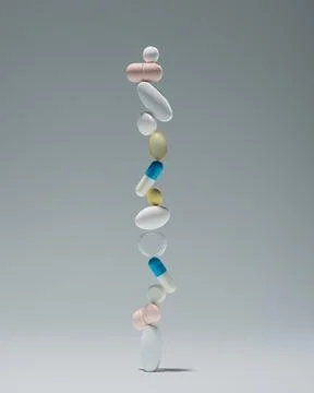Vertical stack of balanced tablets and capsules on gray background with copy Stock Photos