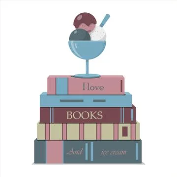 A vertical stack of books and a bowl of ice cream balls. Lettering on books I Stock Illustration