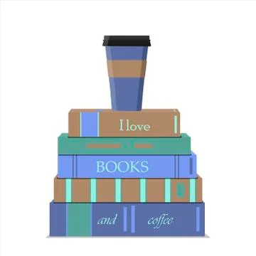 A vertical stack of books and a Cup of coffee. Lettering on books I love books Stock Illustration