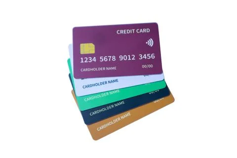 Vertical stack of colorful credit cards featuring purple, light blue, green.. Stock Photos