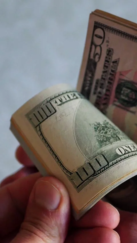 Vertical. A stack of crisp, dollar bills, held in capable hands. Stock Footage 304632620