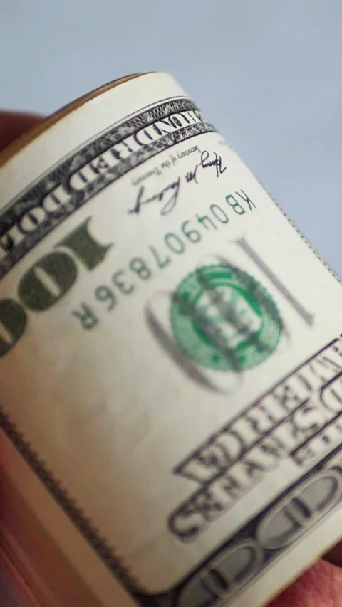 Vertical. A stack of crisp, dollar bills, held in capable hands. Stock Footage 304632761