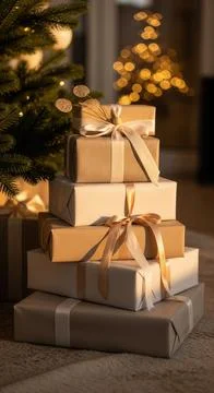 Vertical stack of golden and beige Christmas gifts tied with satin ribbons 스톡 일러스트