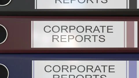 Vertical stack of multicolor office binders with Corporate reports tags 3D Stock Illustration