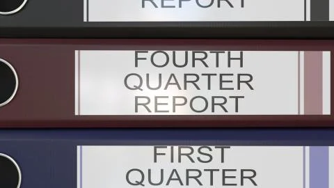 Vertical stack of multicolor office binders with Quarter and annual reports tags 스톡 일러스트