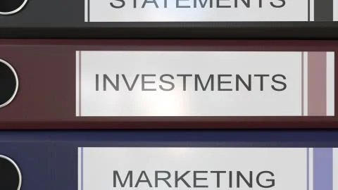 Vertical stack of multicolor office binders with Corporate departments tags 3D 스톡 일러스트