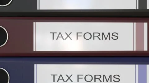 Vertical stack of multicolor office binders with Tax forms tags 3D rendering 스톡 일러스트