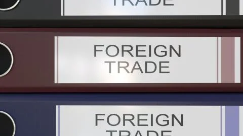 Vertical stack of multicolor office binders with Foreign trade tags 3D rendering Stock Illustration