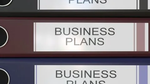 Vertical stack of multicolor office binders with Business plans tags 3D Illustrazione stock