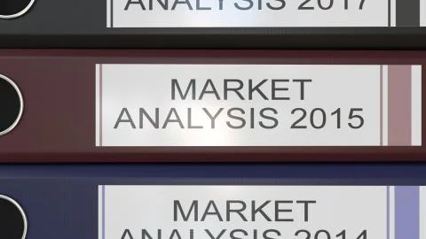 Vertical stack of multicolor office binders with Market analysis tags 3D 스톡 일러스트