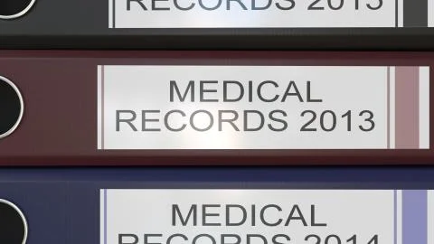 Vertical stack of multicolor office binders with Medical records tags 3D Illustrazione stock