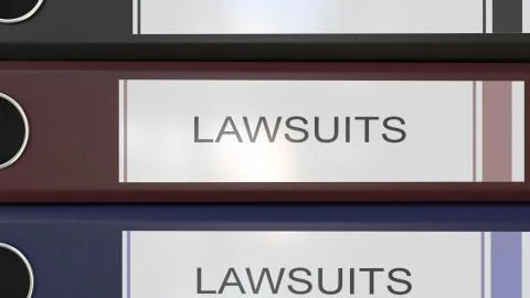 Vertical stack of multicolor office binders with Law suits tags 3D rendering Stock Illustration