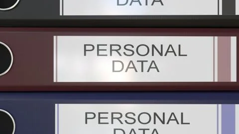 Vertical stack of multicolor office binders with Personal data tags 3D rendering Stock Illustration