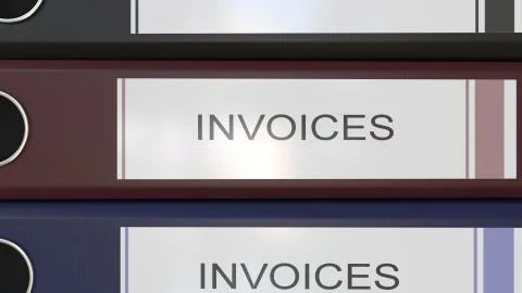 Vertical stack of multicolor office binders with Invoices tags 3D rendering Illustrazione stock