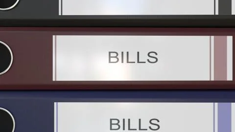 Vertical stack of multicolor office binders with Bills tags 3D rendering 스톡 일러스트