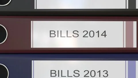 Vertical stack of multicolor office binders with Bills tags 3D rendering 스톡 일러스트