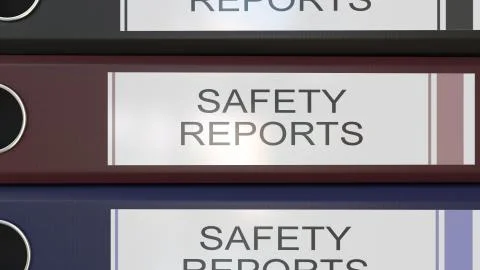 Vertical stack of multicolor office binders with Safety reports tags 3D Illustrazione stock