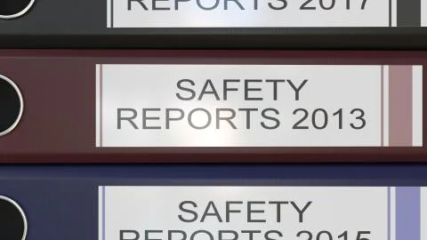 Vertical stack of multicolor office binders with Safety reports tags 3D Illustrazione stock