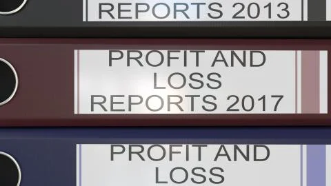 Vertical stack of multicolor office binders with Profit and loss reports tags 3D 스톡 일러스트