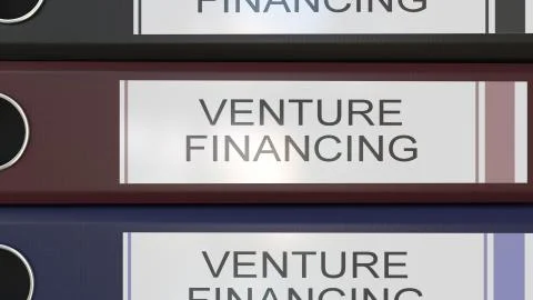 Vertical stack of multicolor office binders with Venture financing tags 3D 스톡 일러스트