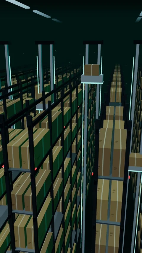 Vertical Stacker Cranes Climbing The Narrow Aisles Of A High Bay Hall Vídeo Stock 344257595