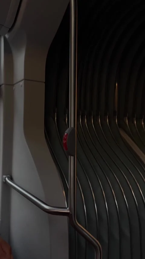 Vertical stainless pole with red stop button inside modern transit carriage Stock Footage 344586959