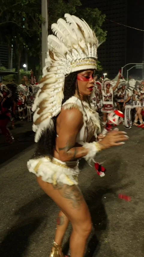 Vertical static night shot of a man and woman dancing samba in costume during Stock Footage 336179926