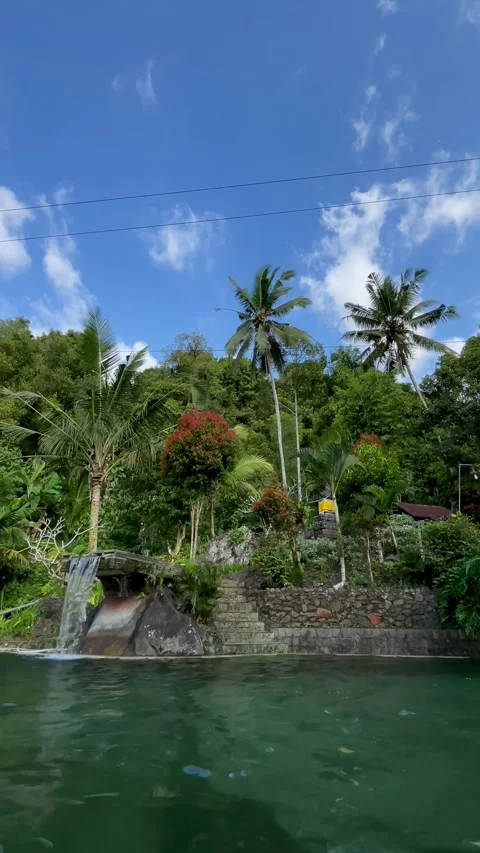 Vertical Static Shot of Emerald Eco Pool and Tropical Waterfall in Bali Stock Footage 339249841