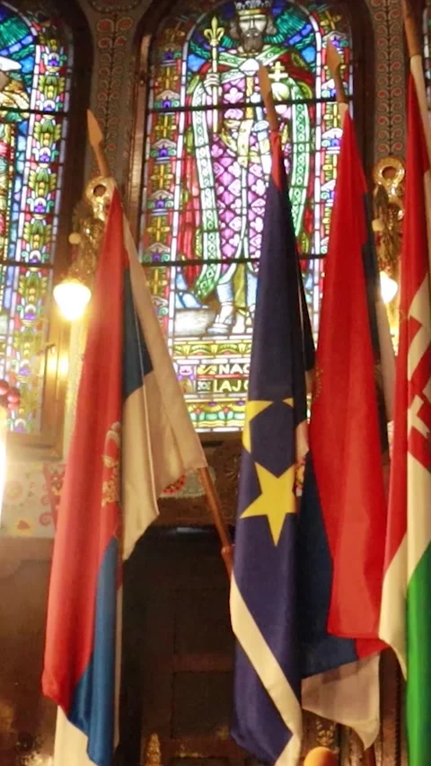Vertical Static Shot of International Flags in Historic Synagogue Stock-Footage 330368619