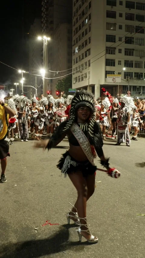 Vertical static shot of a woman dancing samba during a Rio de Janeiro Carnaval Stock Footage 336032813