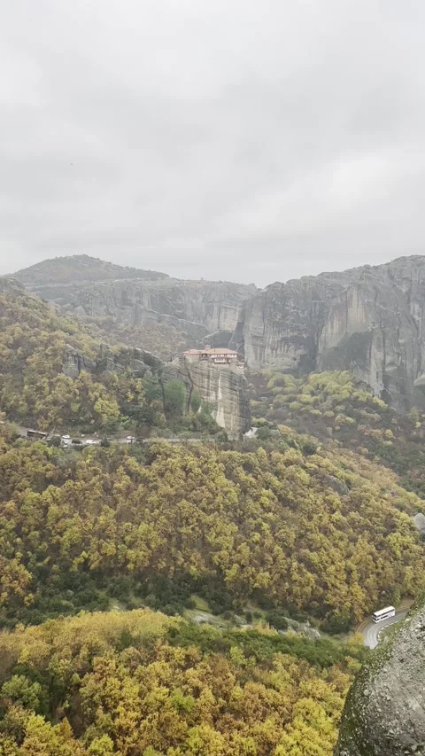 Vertical Static View of Meteora Monasteries in Autumn Rain Video stock 310653487