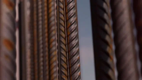 Vertical steel reinforcement bars prepared for concrete construction Stock Footage 344606489
